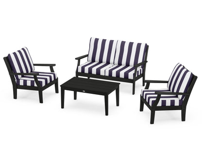 POLYWOOD® Braxton 4-Piece Deep Seating Chair Set in Black / Cabana Stripe Navy
