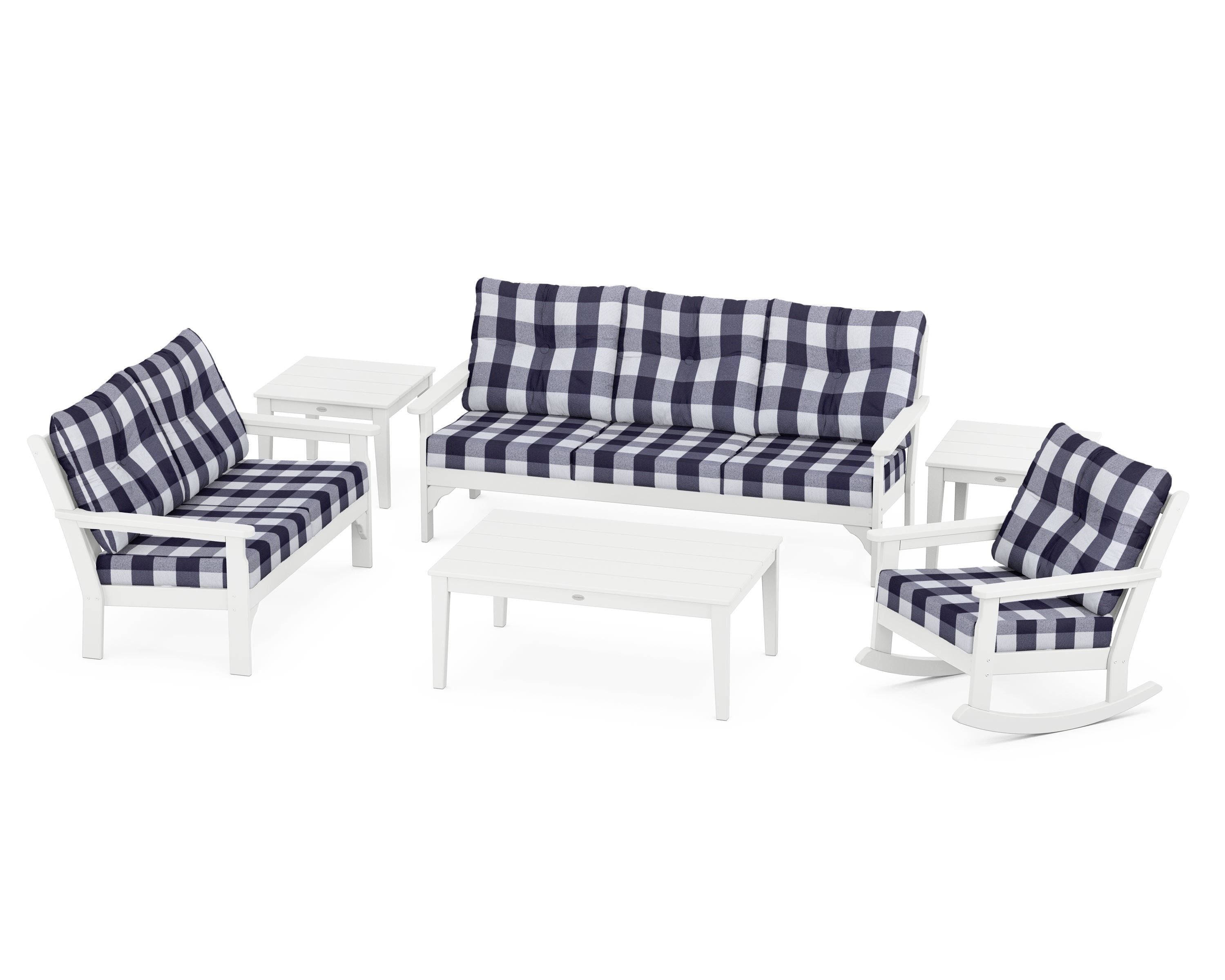 POLYWOOD® Vineyard 6-Piece Deep Seating Set in White / Buffalo Plaid Navy