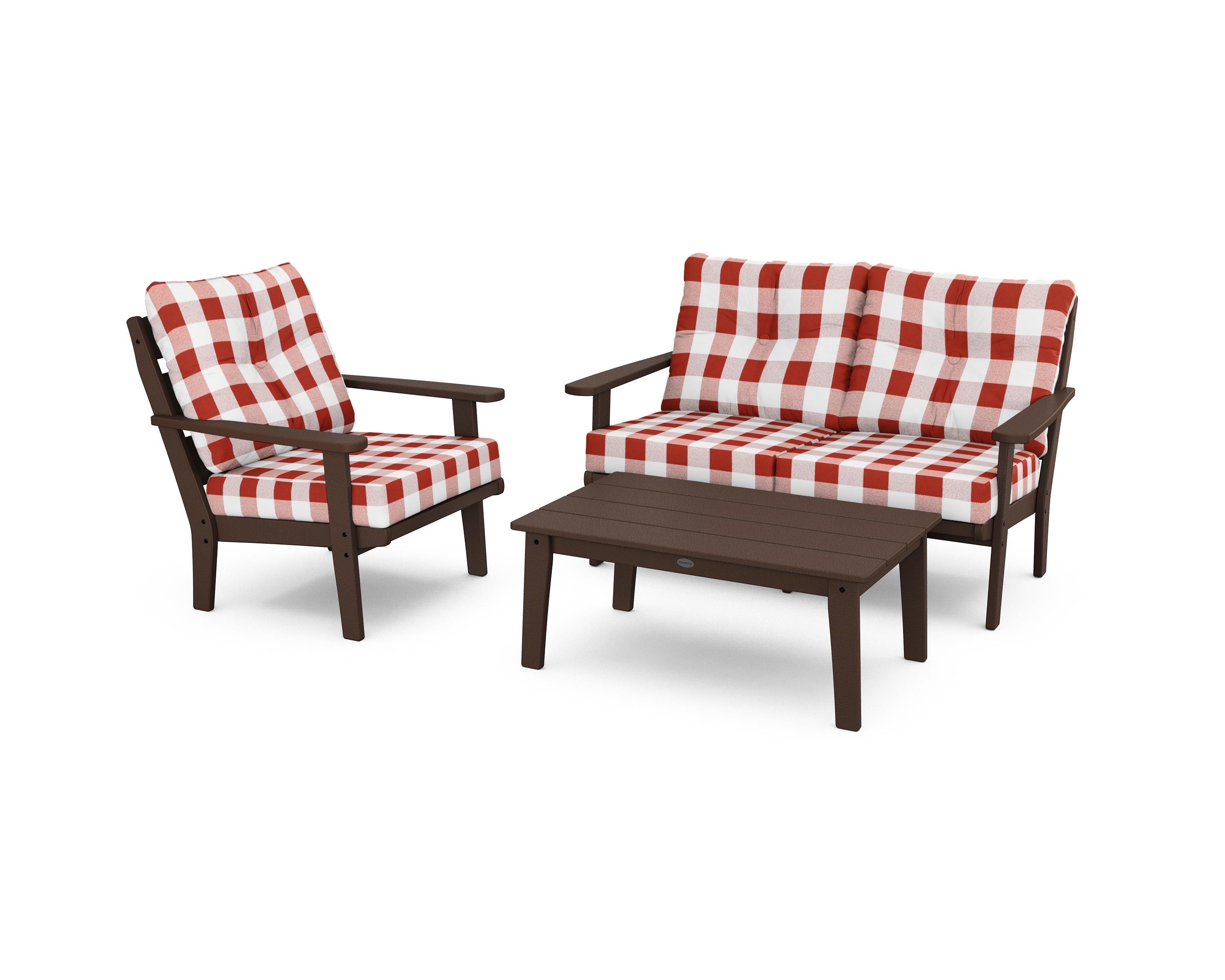 POLYWOOD® Lakeside 3-Piece Deep Seating Set in Mahogany / Buffalo Plaid Crimson