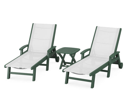 POLYWOOD® Coastal 3-Piece Wheeled Chaise Set in Green / White Sling