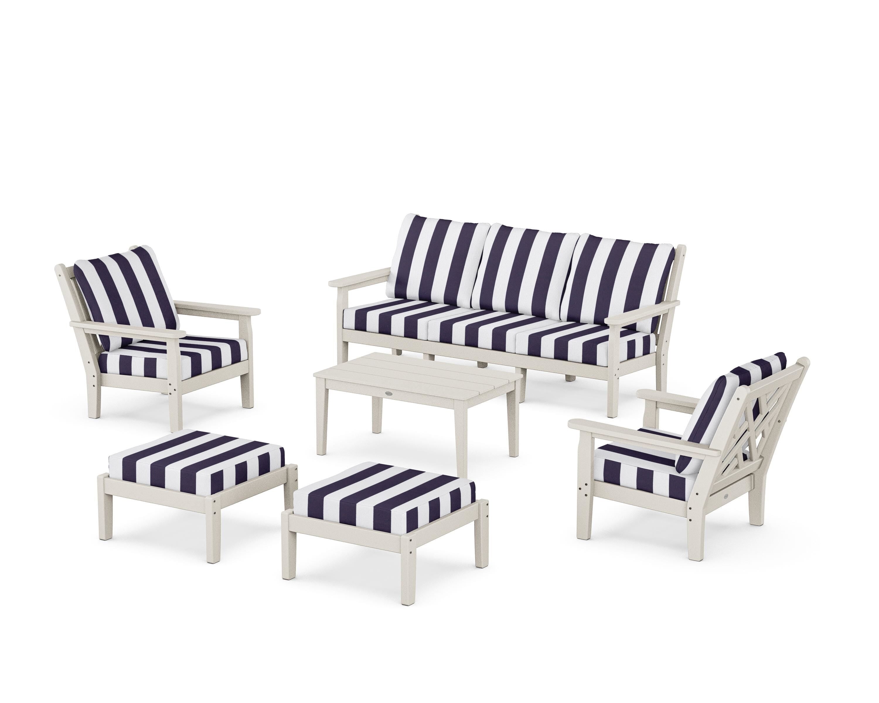 POLYWOOD® Chippendale 6-Piece Lounge Sofa Set in Sand / Cabana Stripe Navy