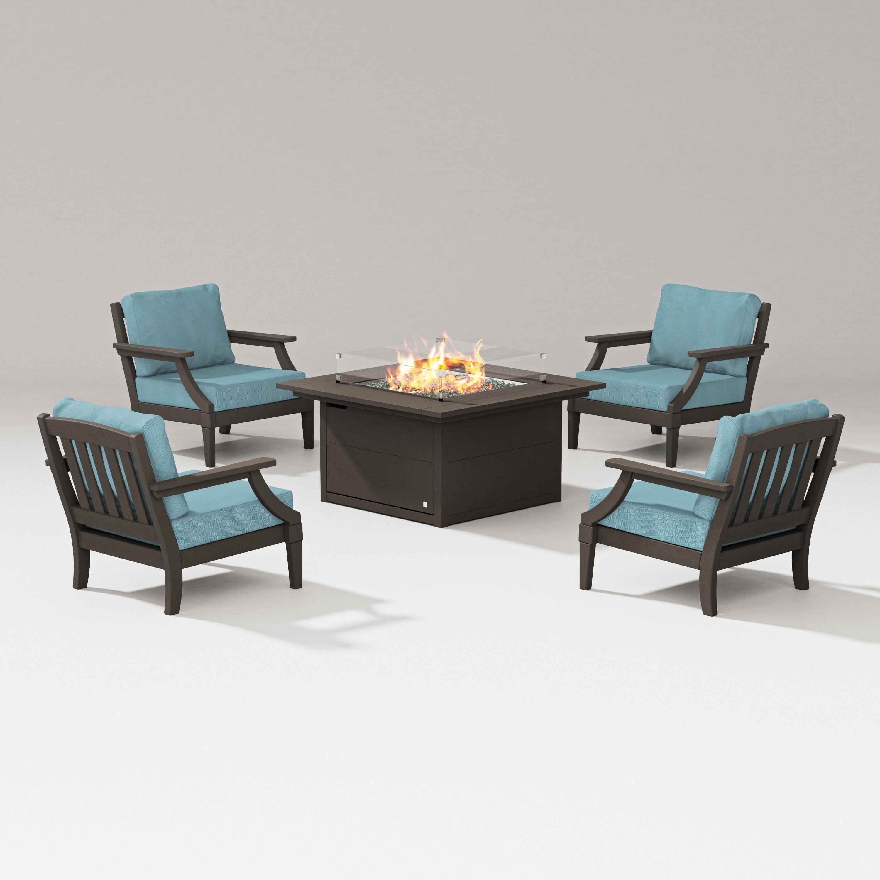PW Designer Series Estate 5-Piece Lounge Fire Table Set in Vintage Coffee / Lattice Sky Blue