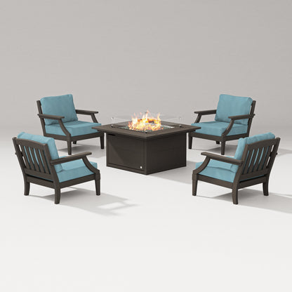 PW Designer Series Estate 5-Piece Lounge Fire Table Set in Vintage Coffee / Lattice Sky Blue