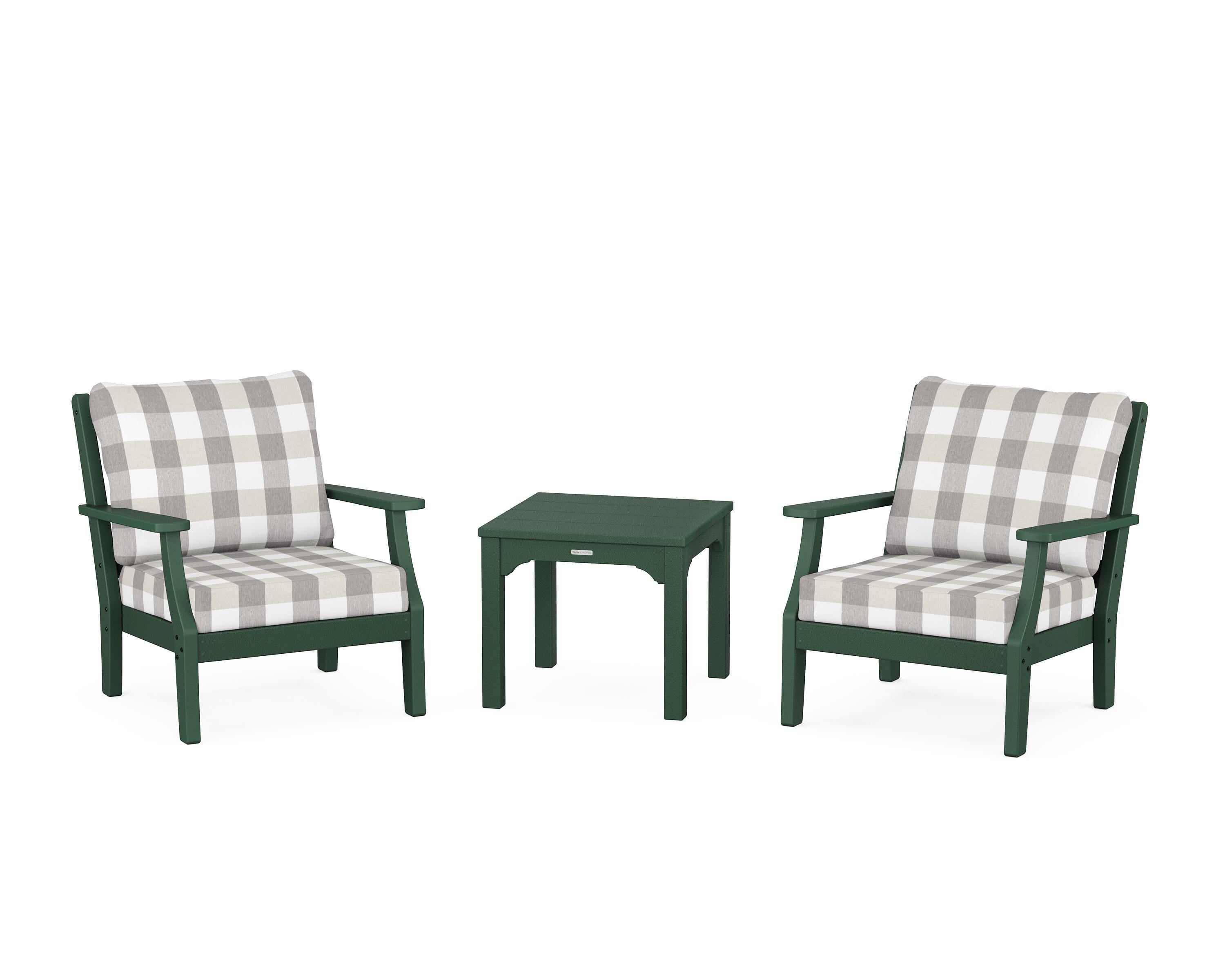 Martha Stewart by POLYWOOD® Chinoiserie 3-Piece Deep Seating Set in Green / Buffalo Plaid Grey Mist
