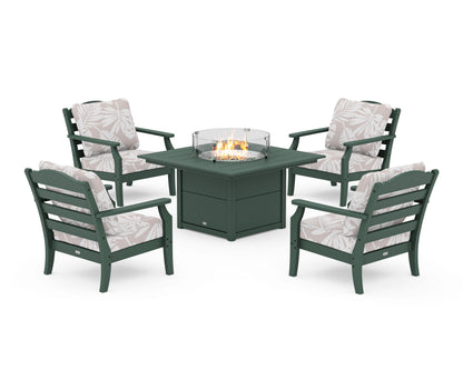 Draper James™ by  POLYWOOD® Savannah 5-Piece Deep Seating Set with Fire Pit Table in Green / Leaf Dune Burlap