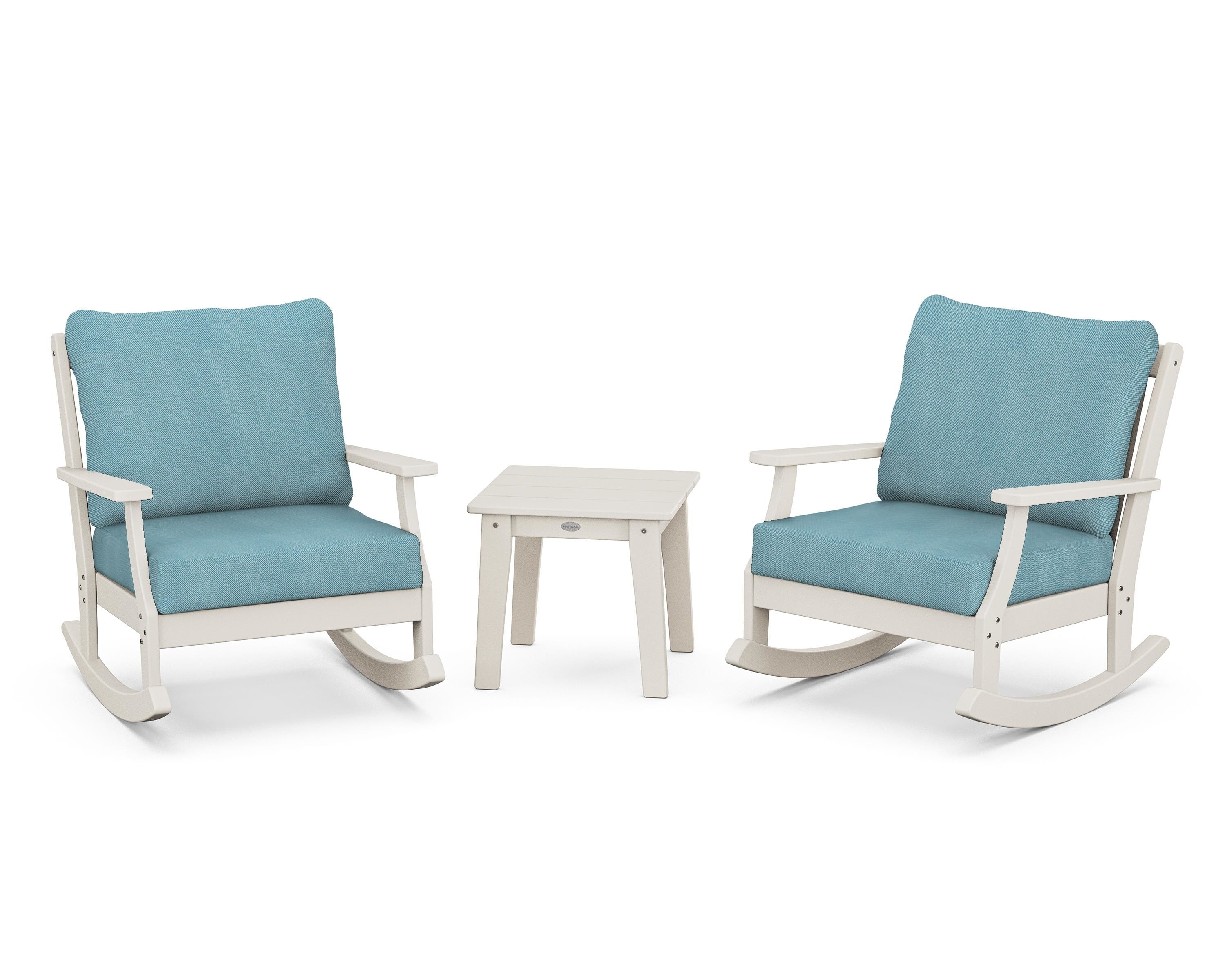 POLYWOOD® Braxton 3-Piece Deep Seating Rocker Set in Sand / Lattice Sky Blue