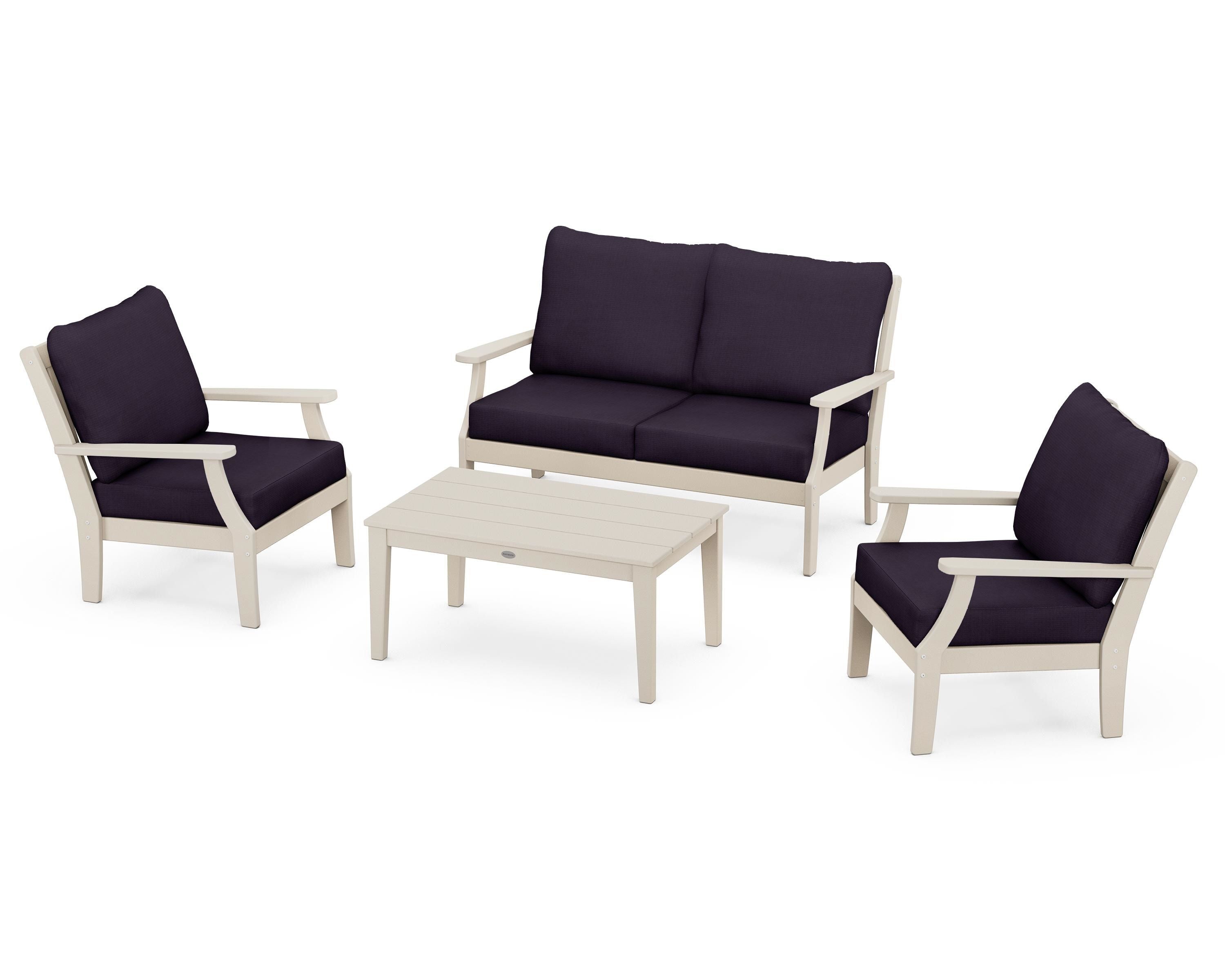 POLYWOOD® Braxton 4-Piece Deep Seating Chair Set in Sand / Navy Linen