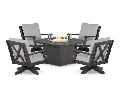 POLYWOOD® Braxton 5-Piece Deep Seating Swivel Conversation Set with Fire Pit Table in Vintage Coffee / Granite
