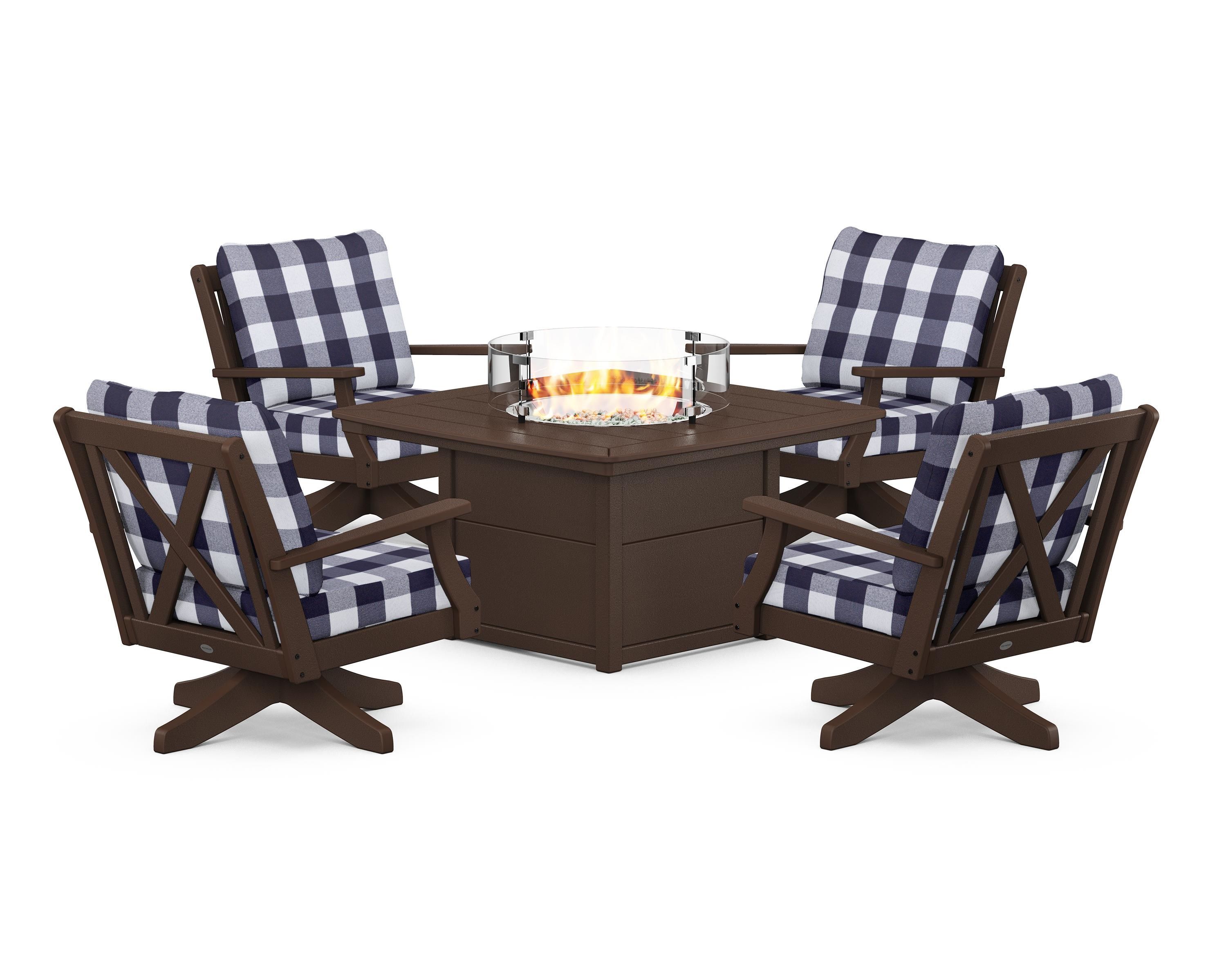 POLYWOOD® Braxton 5-Piece Deep Seating Swivel Conversation Set with Fire Pit Table in Mahogany / Buffalo Plaid Navy