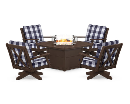 POLYWOOD® Braxton 5-Piece Deep Seating Swivel Conversation Set with Fire Pit Table in Mahogany / Buffalo Plaid Navy