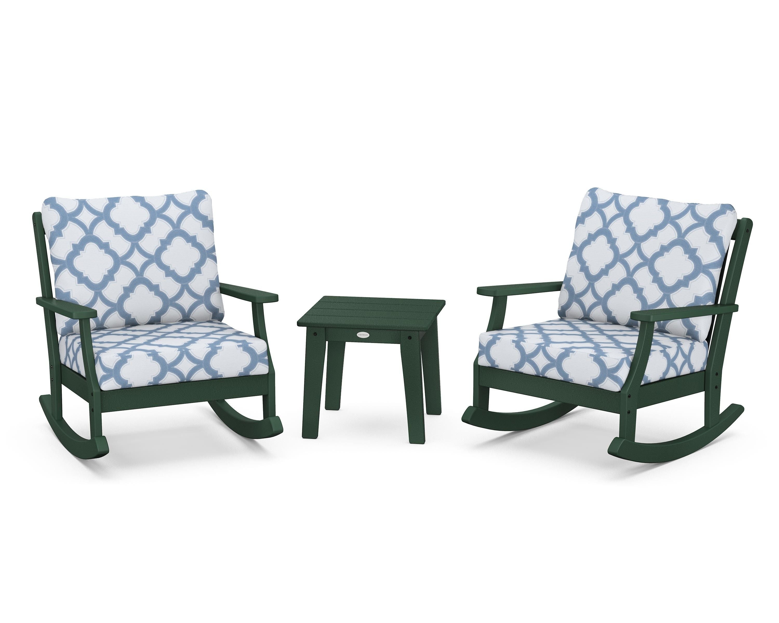 POLYWOOD® Braxton 3-Piece Deep Seating Rocker Set in Green / Trellis Sky Blue