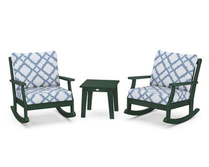POLYWOOD® Braxton 3-Piece Deep Seating Rocker Set in Green / Trellis Sky Blue