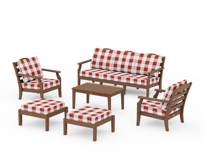 Draper James™ by  POLYWOOD® Savannah 6-Piece Lounge Sofa Set in Teak / Buffalo Plaid Crimson
