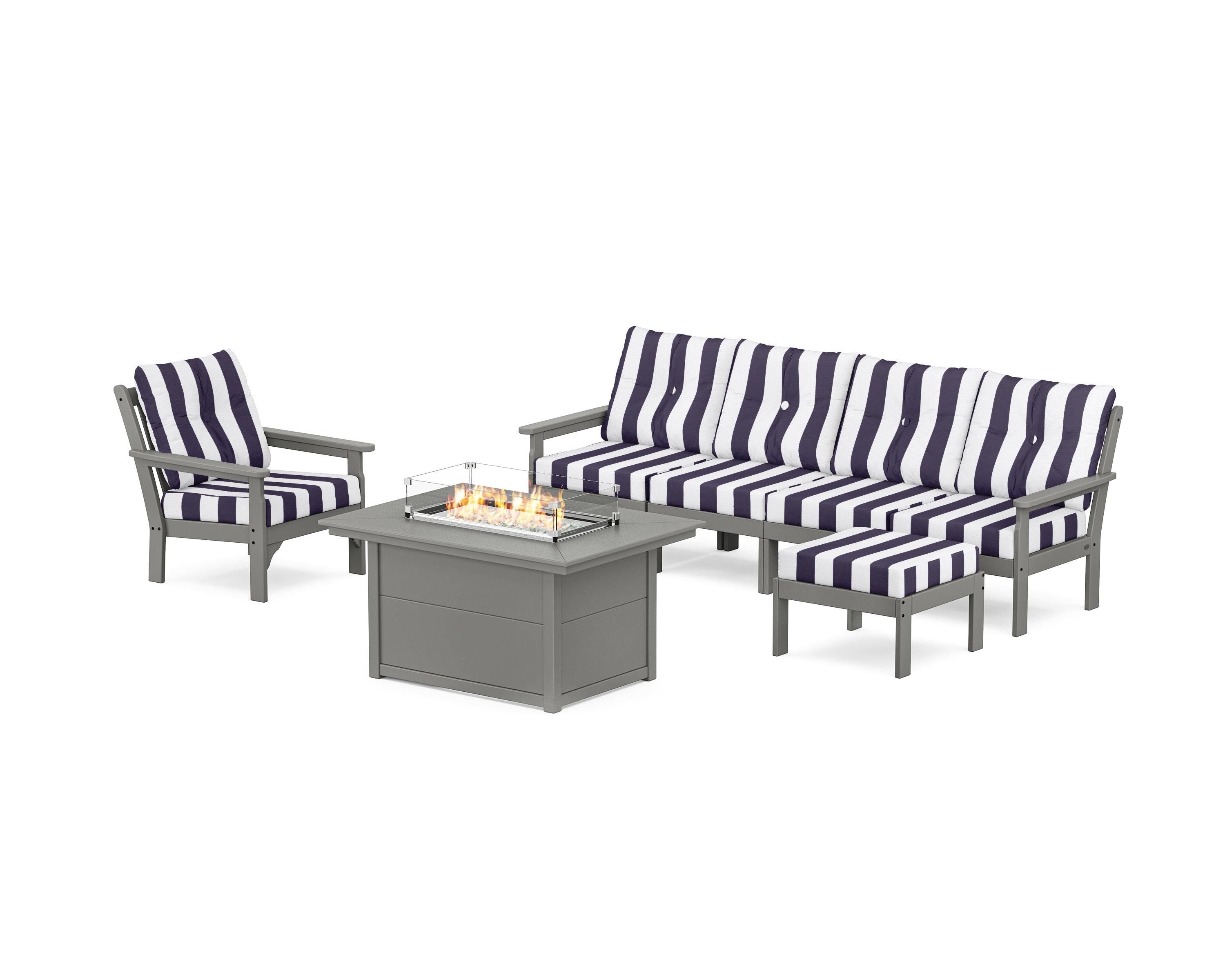 POLYWOOD® Vineyard Sectional Lounge and Fire Pit Set in Slate Grey / Cabana Stripe Navy