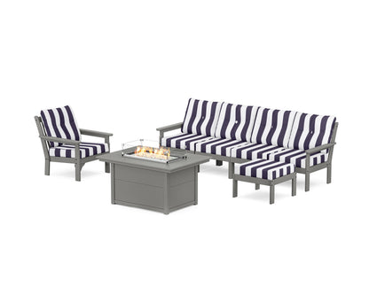 POLYWOOD® Vineyard Sectional Lounge and Fire Pit Set in Slate Grey / Cabana Stripe Navy