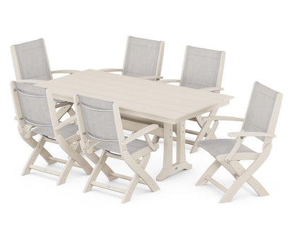 POLYWOOD® Coastal Folding Arm Chair 7-Piece Farmhouse Dining Set with Trestle Legs in Sand / Parchment Sling