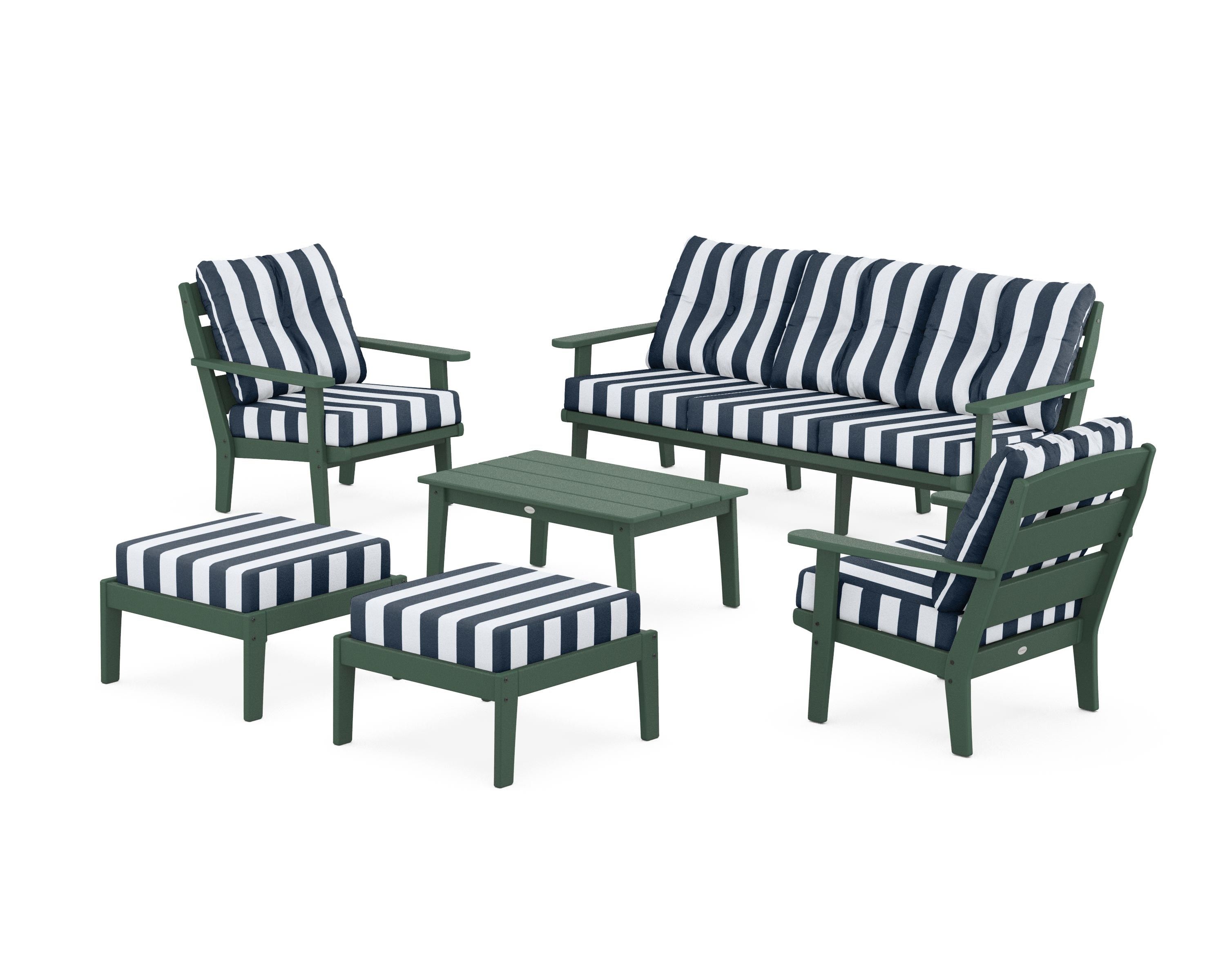POLYWOOD® Lakeside 6-Piece Lounge Sofa Set in Green / Cabana Stripe Marine Indigo