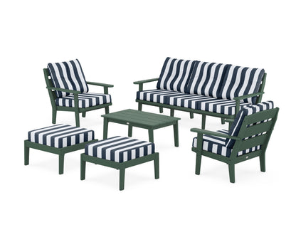 POLYWOOD® Lakeside 6-Piece Lounge Sofa Set in Green / Cabana Stripe Marine Indigo