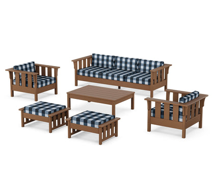 Martha Stewart by POLYWOOD® Acadia 6-Piece Lounge Sofa Set in Teak / Buffalo Plaid Marine Indigo