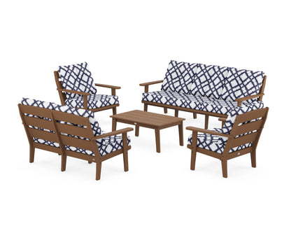 POLYWOOD® Lakeside 5-Piece Lounge Sofa Set in Teak / Trellis Navy