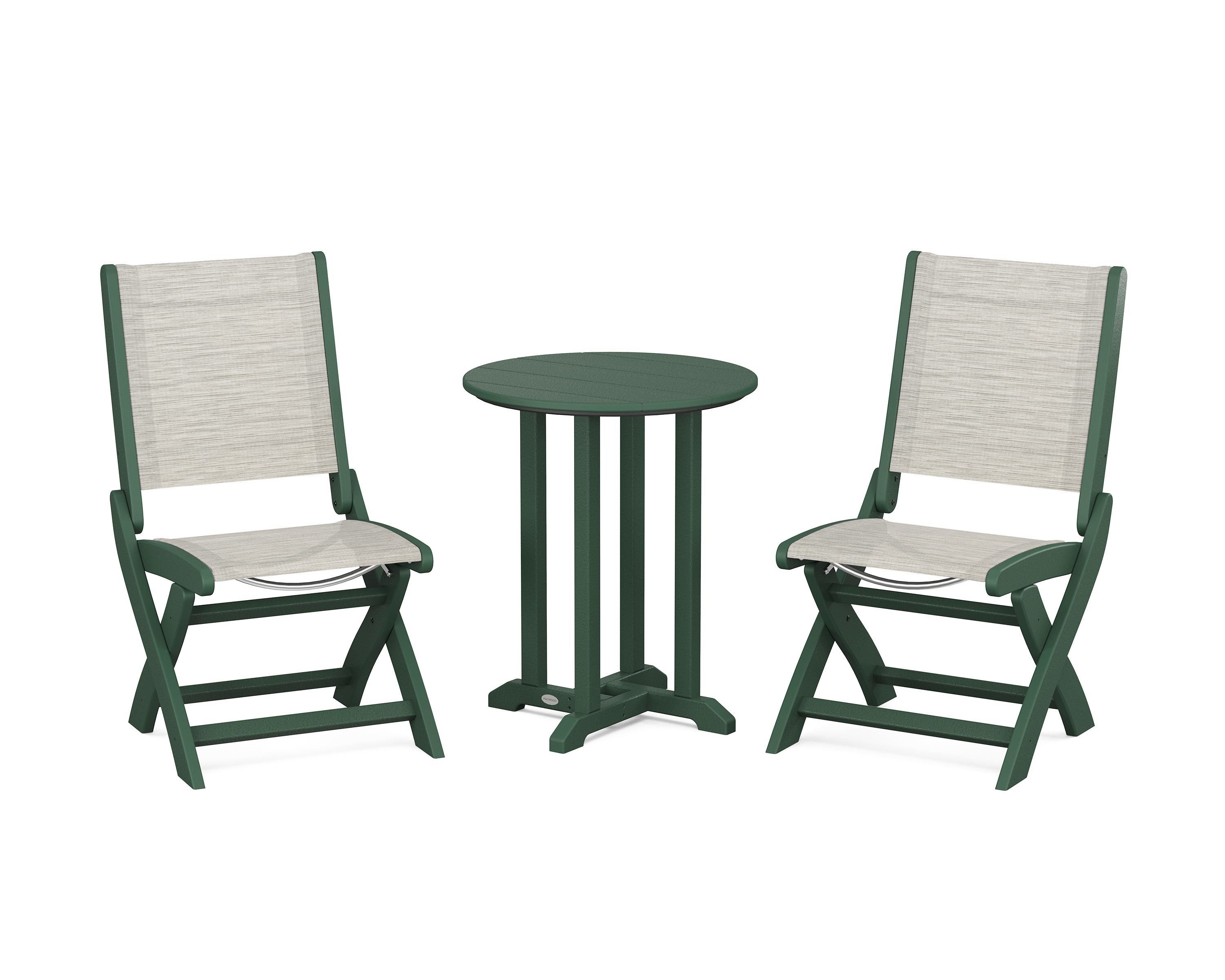 POLYWOOD® Coastal Folding Side Chair 3-Piece Round Bistro Dining Set in Green / Birch Sling