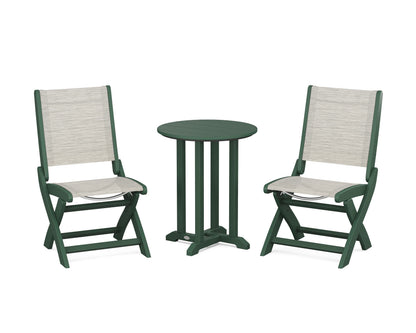 POLYWOOD® Coastal Folding Side Chair 3-Piece Round Bistro Dining Set in Green / Birch Sling