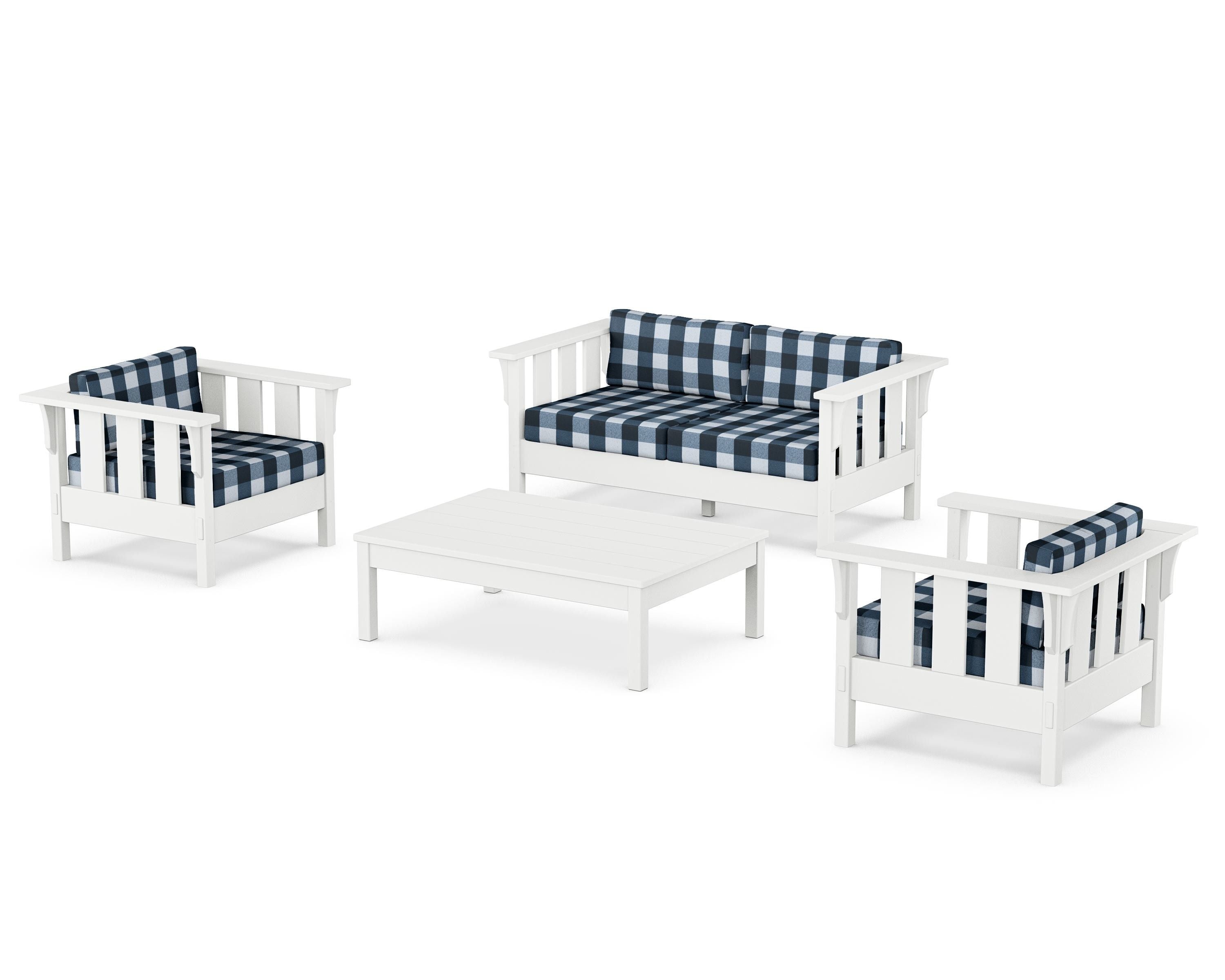 Martha Stewart by POLYWOOD® Acadia 4-Piece Deep Seating Set with Loveseat in White / Buffalo Plaid Marine Indigo