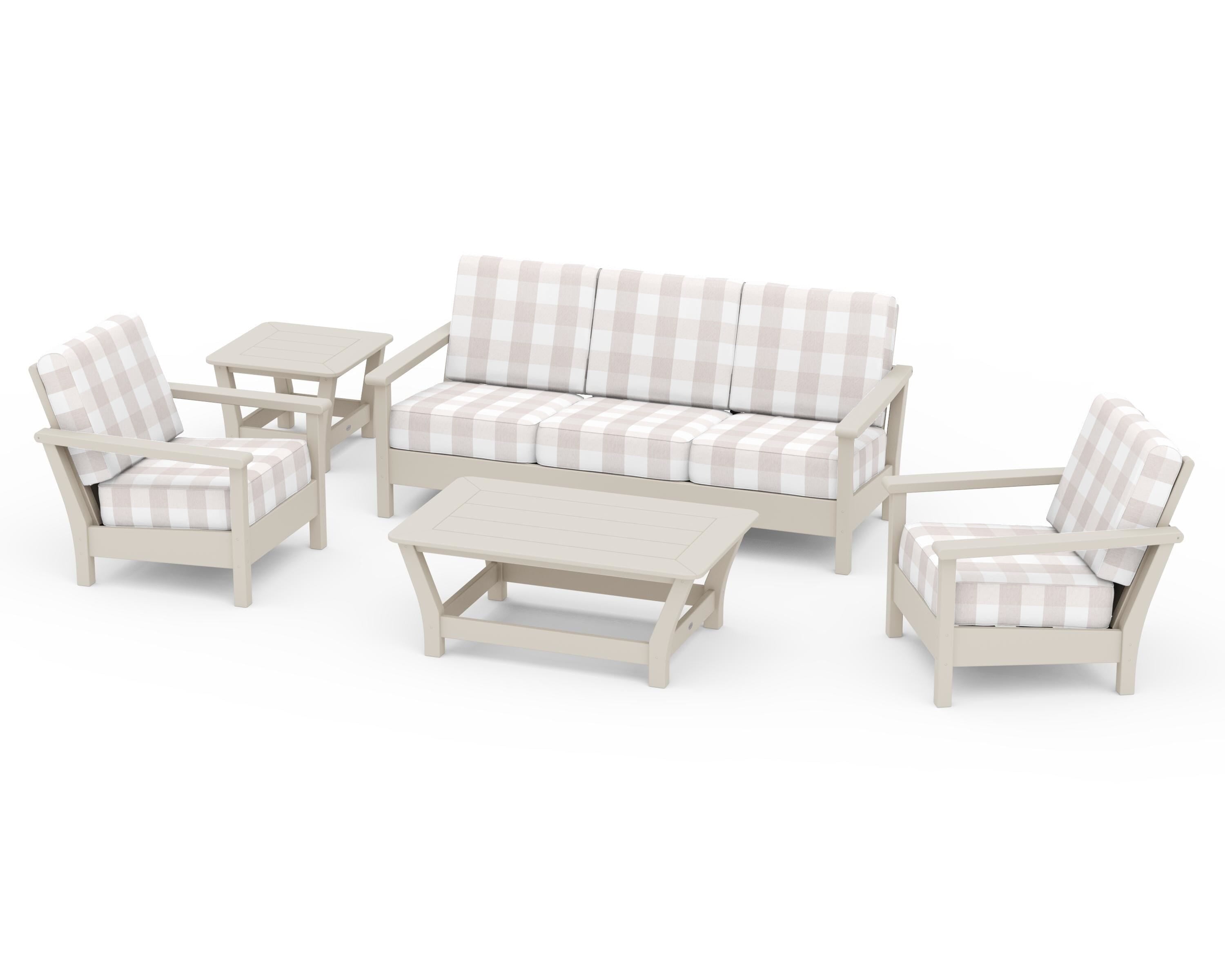 POLYWOOD® Harbour 5-Piece Deep Seating Set in Sand / Buffalo Plaid Dune Burlap