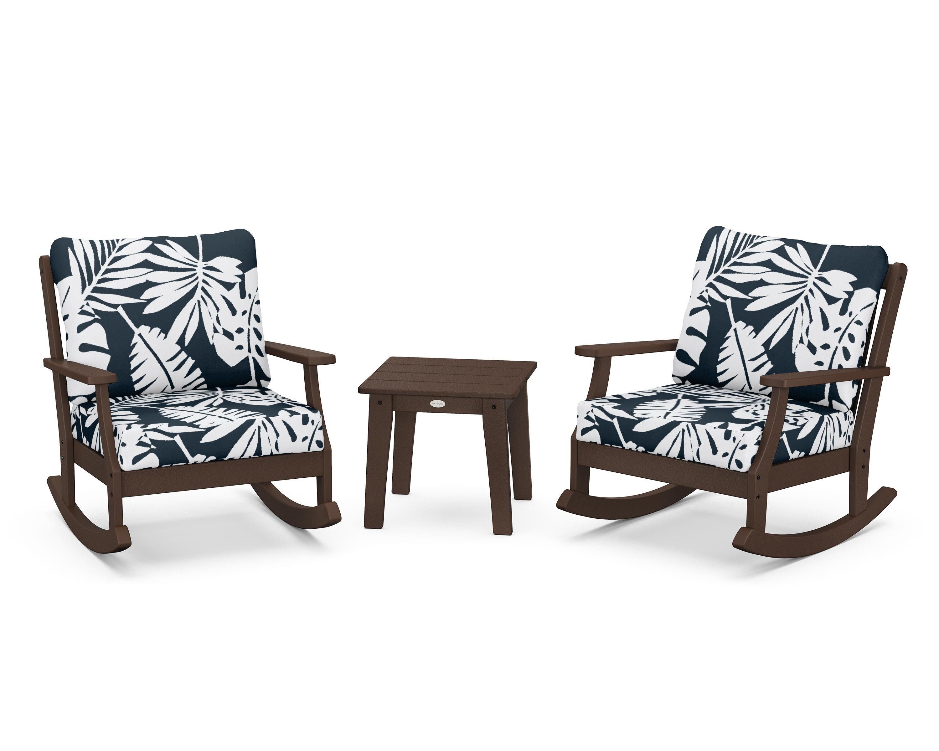 POLYWOOD® Braxton 3-Piece Deep Seating Rocker Set in Mahogany / Leaf Marine Indigo