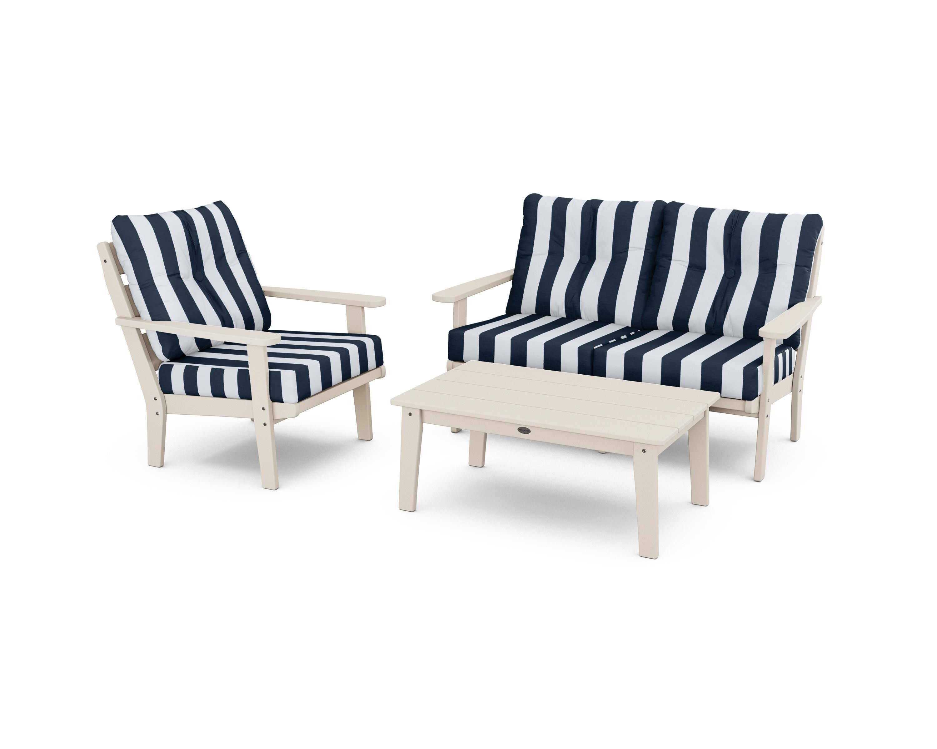 POLYWOOD® Lakeside 3-Piece Deep Seating Set in Sand / Cabana Stripe Marine Indigo