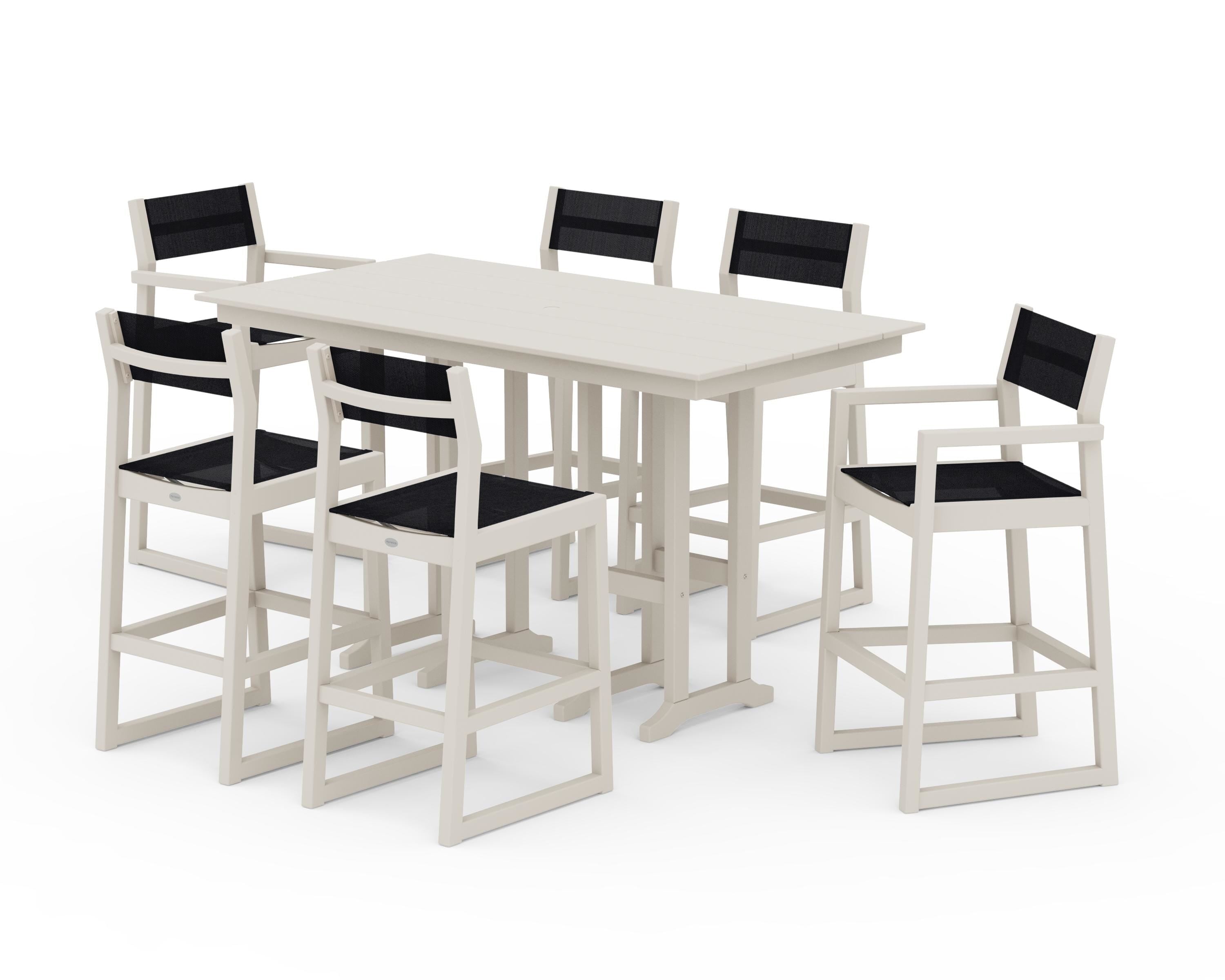 POLYWOOD® EDGE Sling 7-Piece Farmhouse Bar Set in Sand / Black Sling