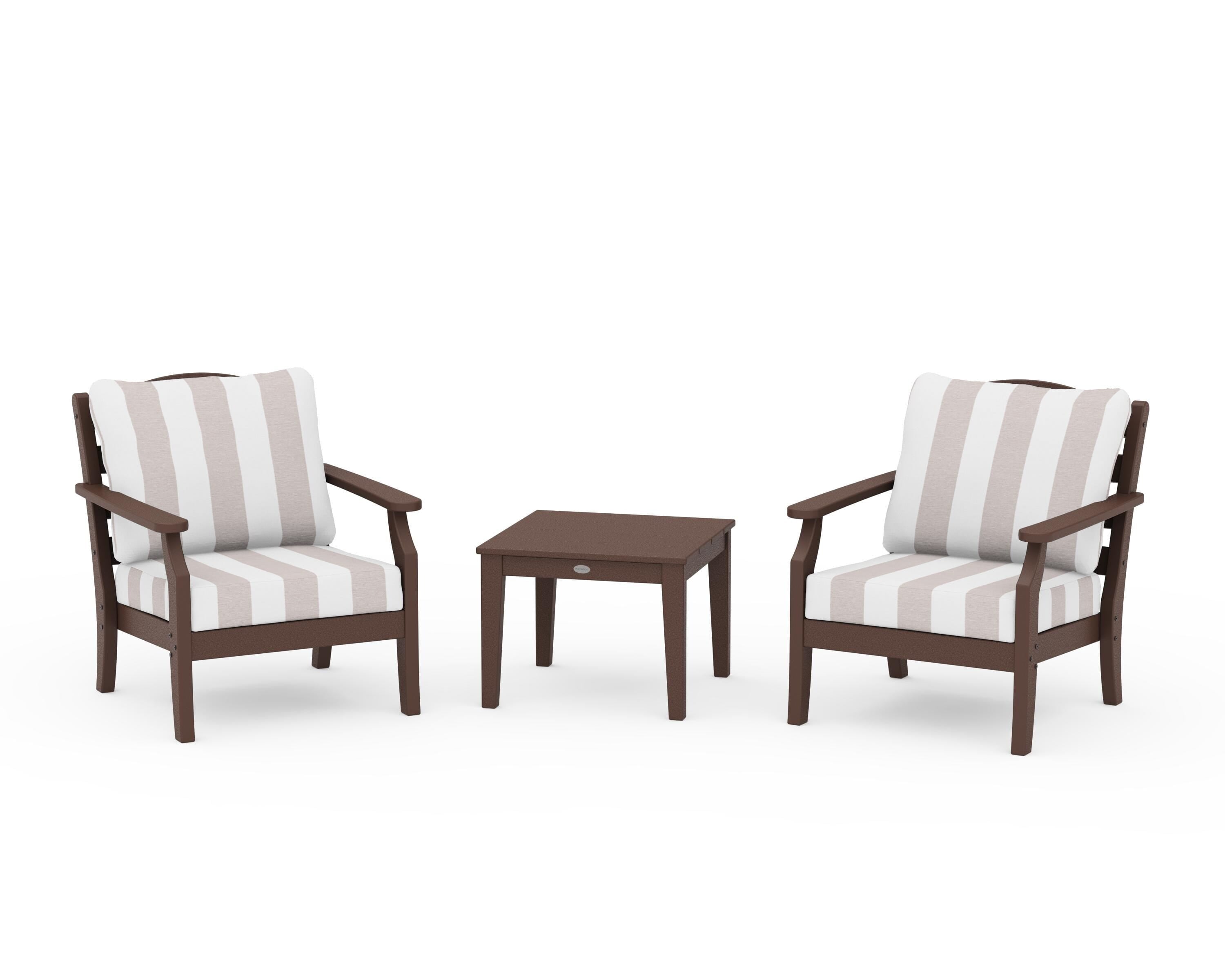 Draper James™ by  POLYWOOD® Savannah 3-Piece Deep Seating Set in Mahogany / Cabana Stripe Dune Burlap