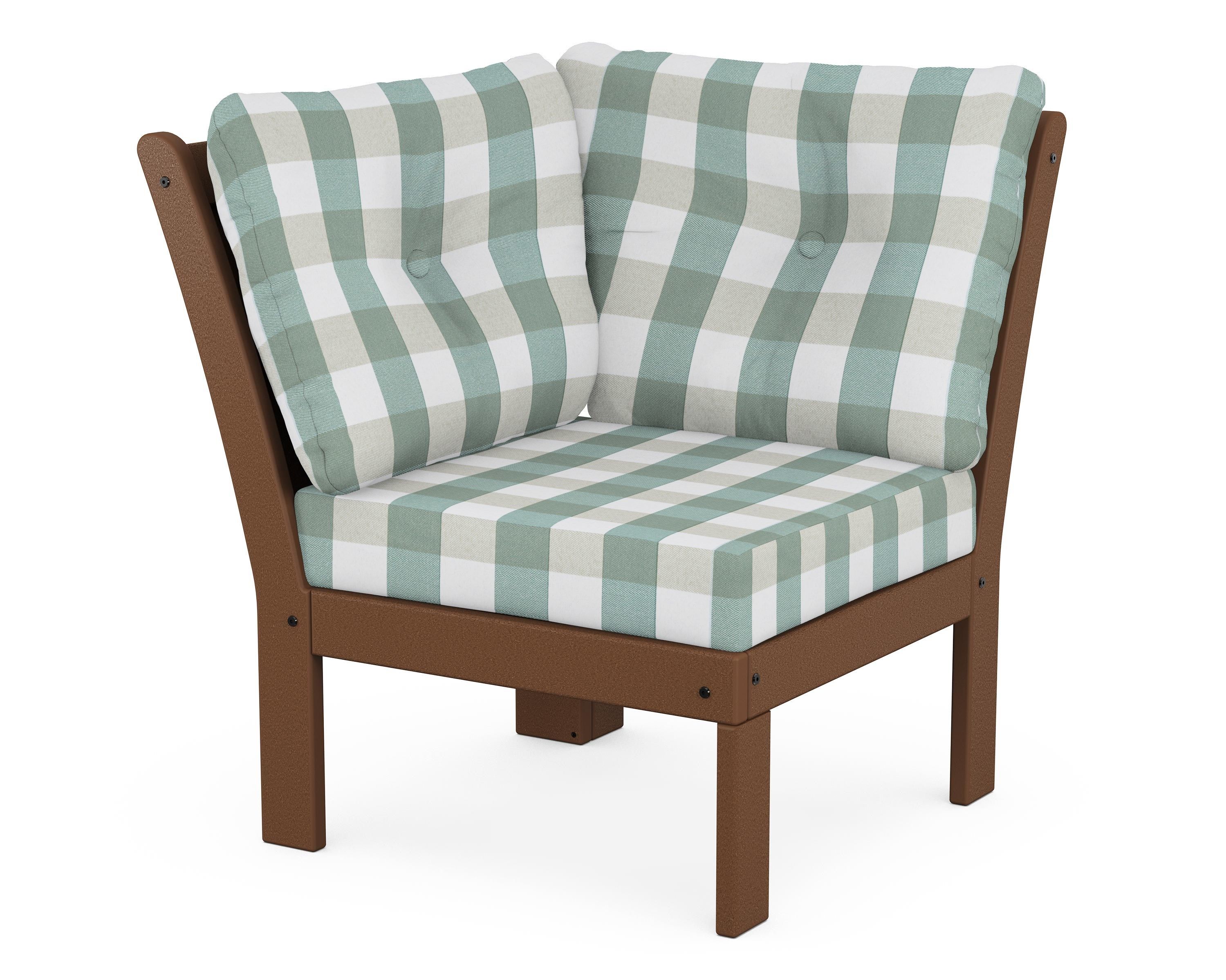POLYWOOD® Vineyard Modular Corner Chair in Teak / Buffalo Plaid Glacier Spa