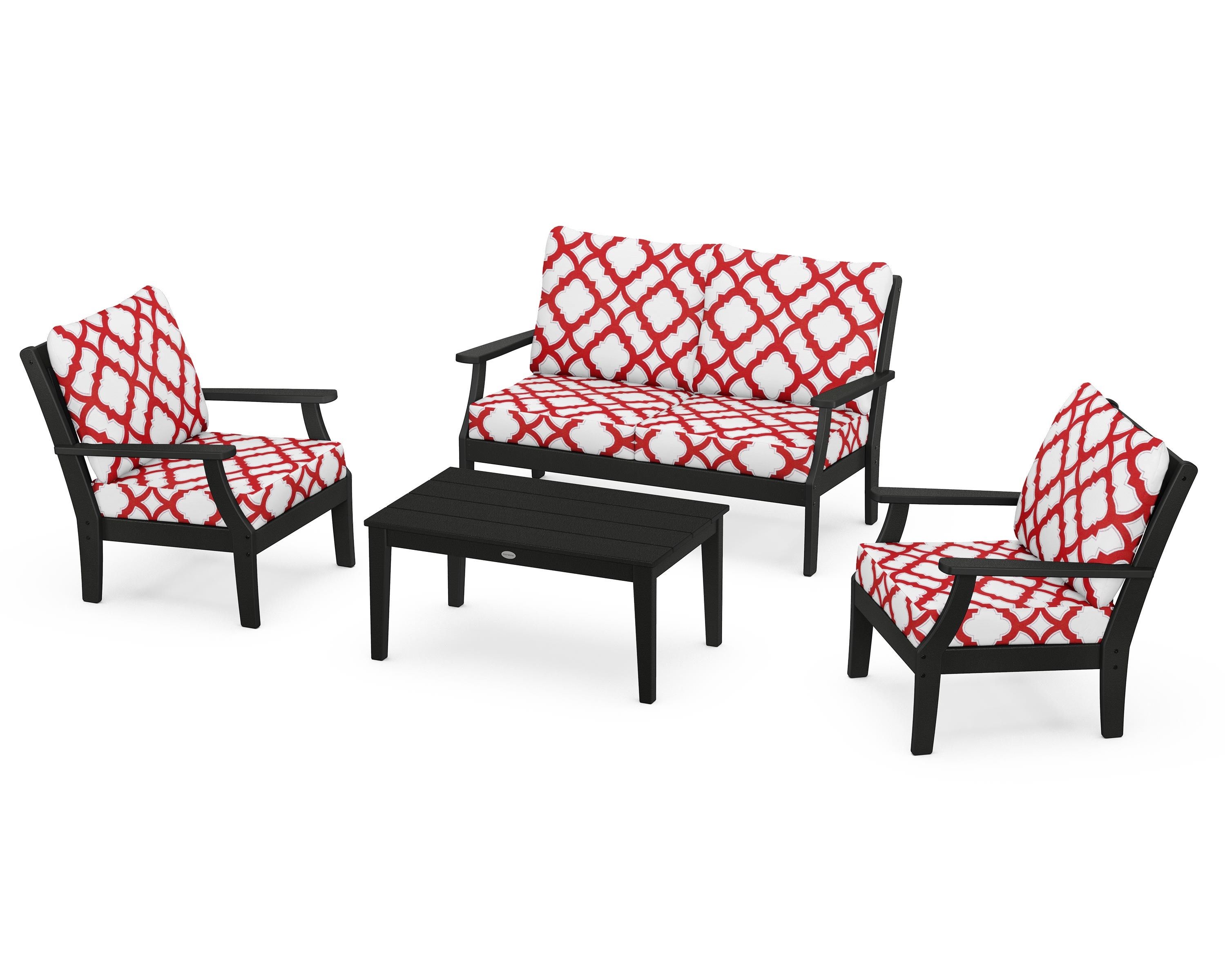 POLYWOOD® Braxton 4-Piece Deep Seating Chair Set in Black / Trellis Crimson