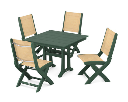 POLYWOOD® Coastal Folding Side Chair 5-Piece Farmhouse Dining Set With Trestle Legs in Green / Dupioni Apricot Sling