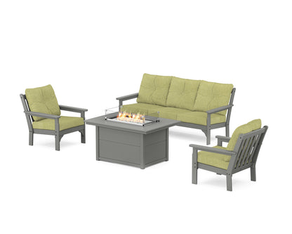 POLYWOOD® Vineyard Deep Seating Fire Pit Table Set in Slate Grey / Chartreuse Boucle