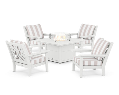 POLYWOOD® Chippendale 5-Piece Deep Seating Set with Fire Pit Table in White / Cabana Stripe Dune Burlap