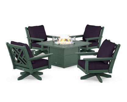 POLYWOOD® Chippendale 5-Piece Deep Seating Swivel Conversation Set with Fire Pit Table in Green / Navy Linen