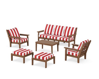 POLYWOOD® Chippendale 6-Piece Lounge Sofa Set in Teak / Cabana Stripe Crimson