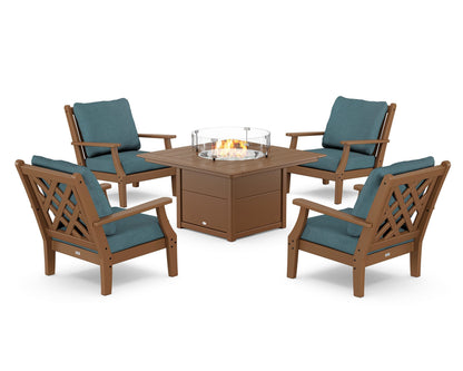Country Living Wovendale 5-Piece Deep Seating Set with Fire Pit Table in Teak / Ocean Teal