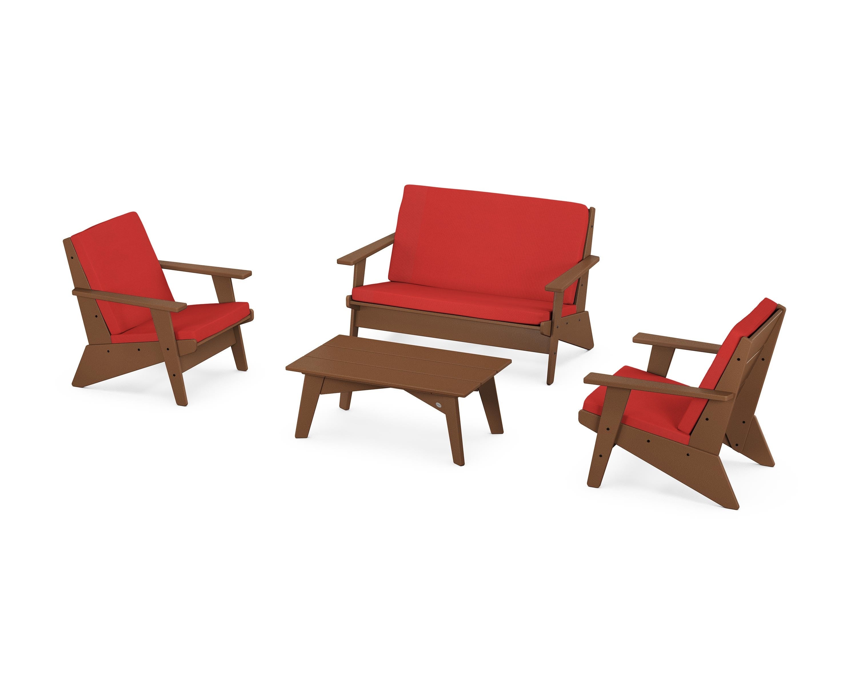 POLYWOOD® Riviera Modern Lounge 4-Piece Set in Teak / Crimson Linen