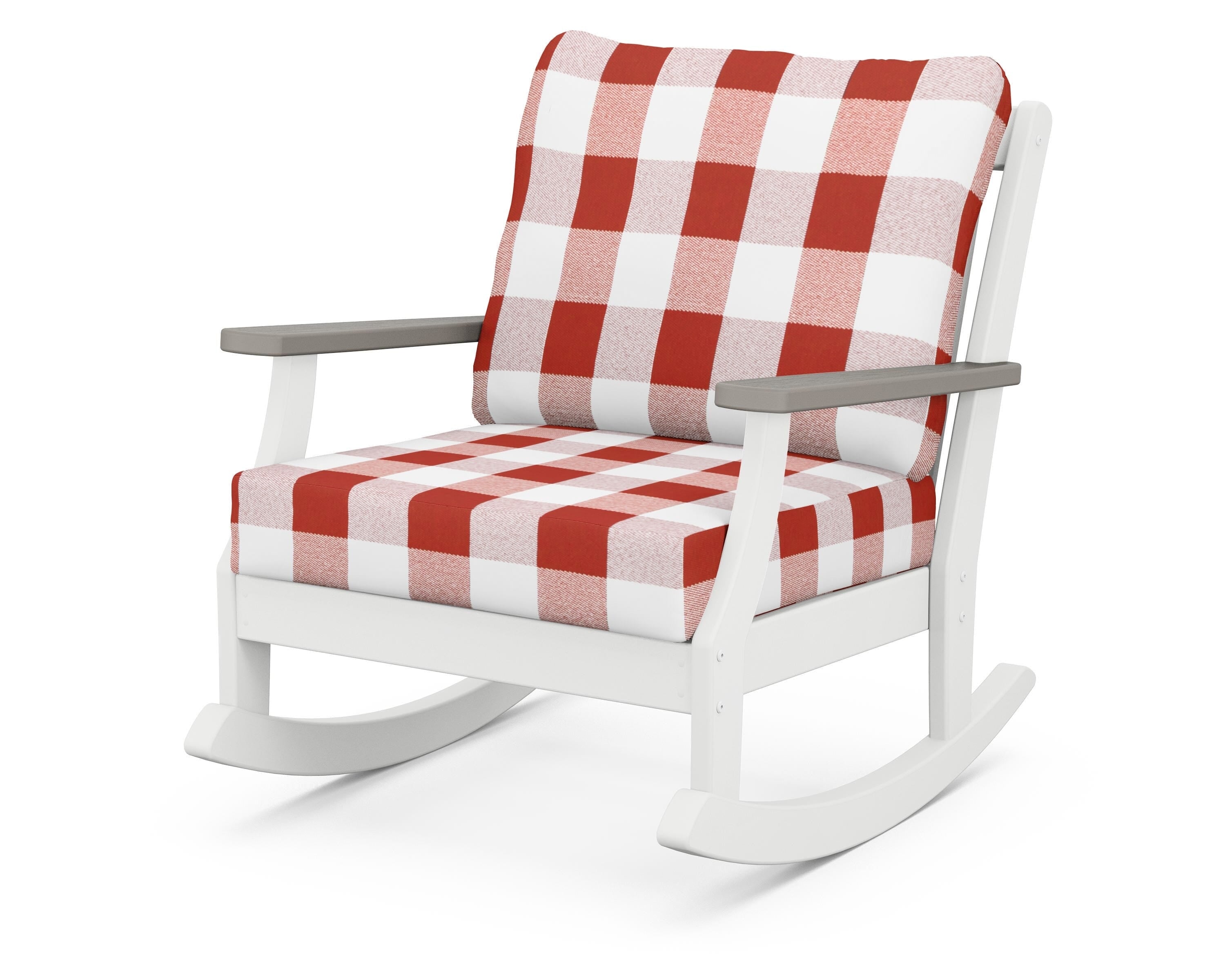 POLYWOOD® Braxton Deep Seating Rocking Chair in White / Driftwood / Buffalo Plaid Crimson