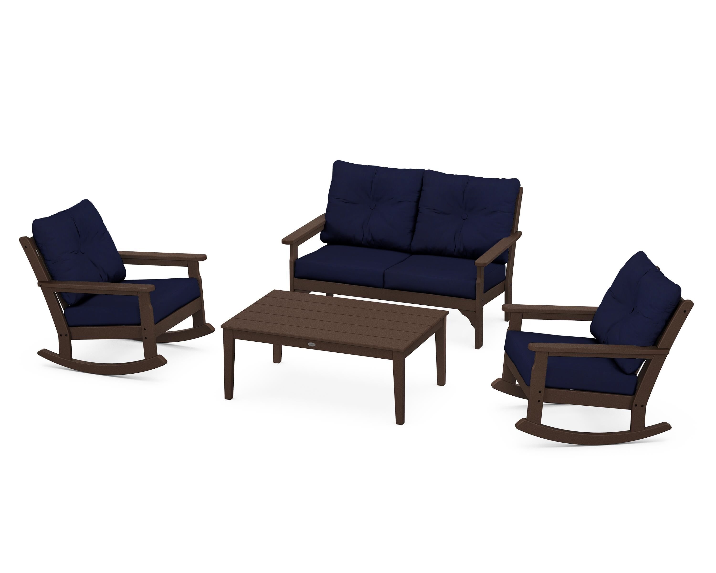 POLYWOOD® Vineyard 4-Piece Deep Seating Rocking Chair Set in Mahogany / Navy