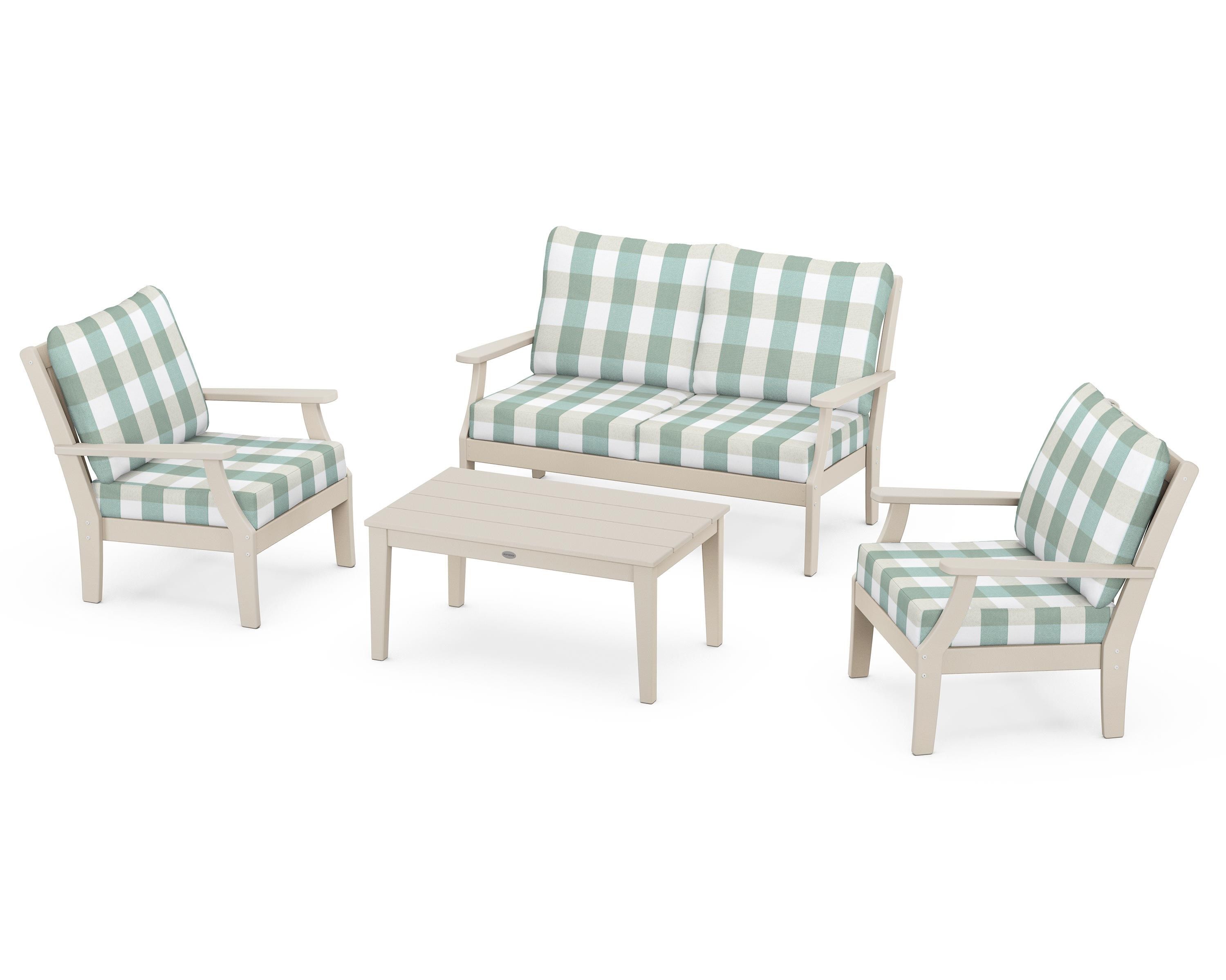POLYWOOD® Braxton 4-Piece Deep Seating Chair Set in Sand / Buffalo Plaid Glacier Spa
