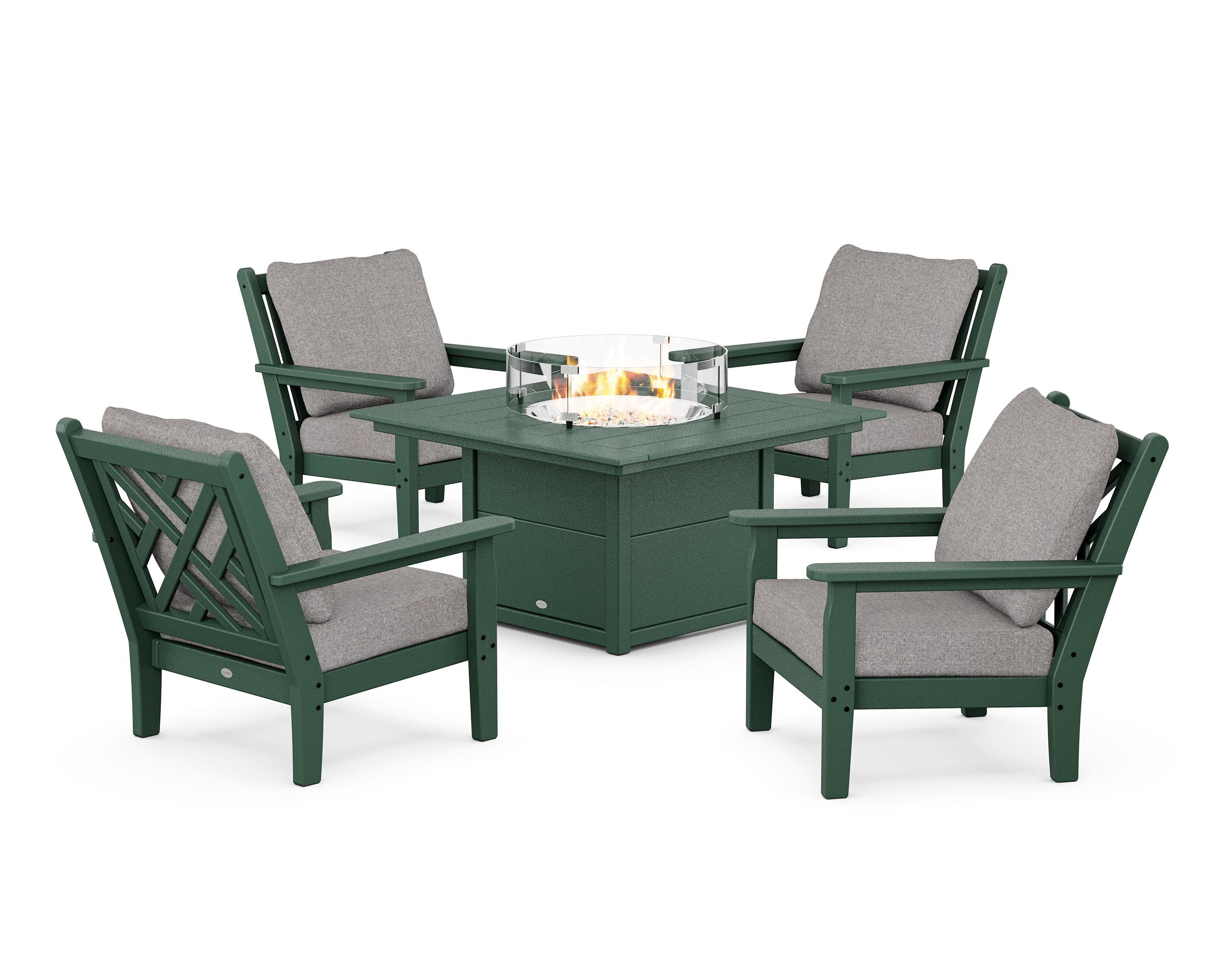 POLYWOOD® Chippendale 5-Piece Deep Seating Set with Fire Pit Table in Green / Grey Mist