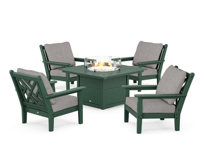 POLYWOOD® Chippendale 5-Piece Deep Seating Set with Fire Pit Table in Green / Grey Mist