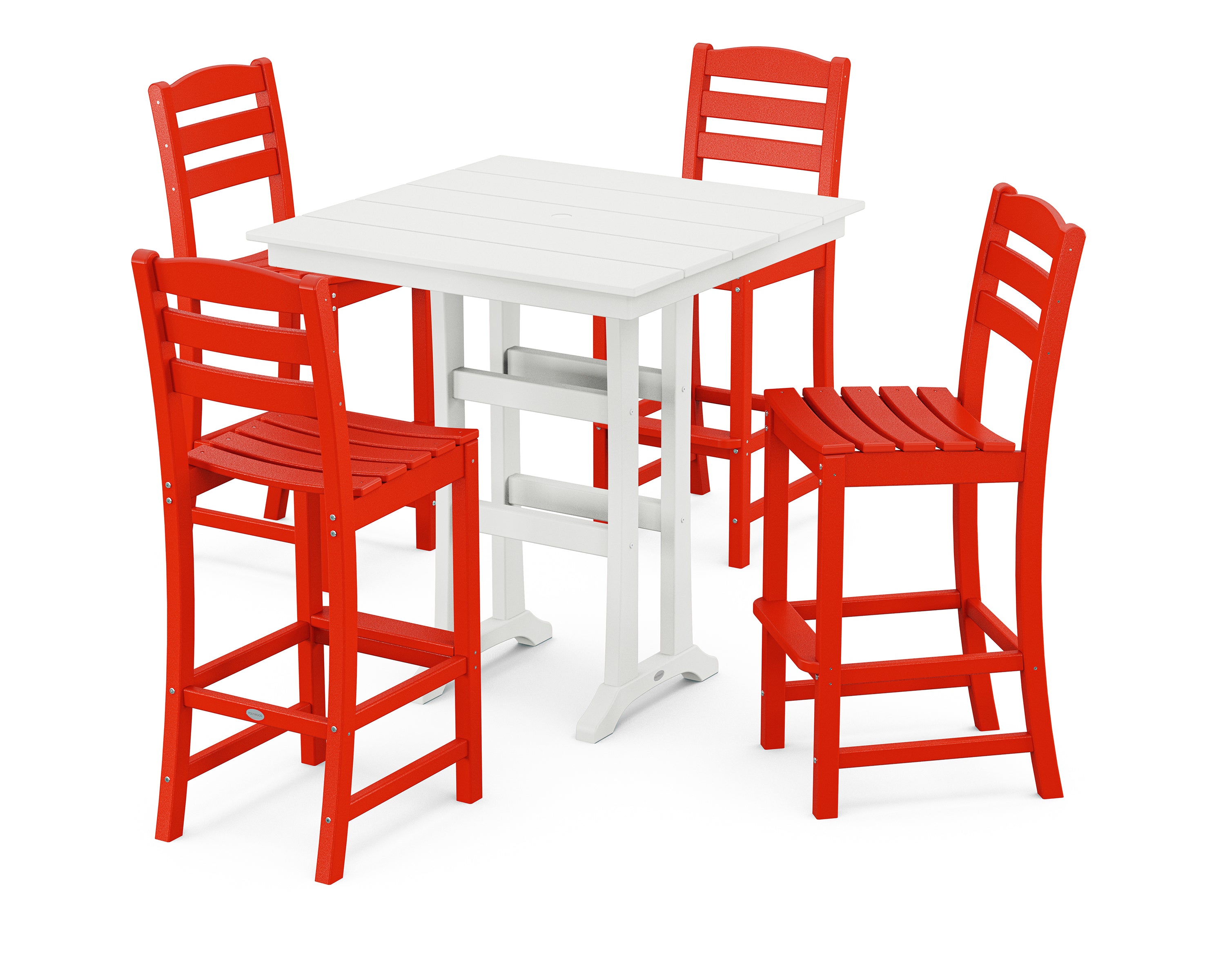 POLYWOOD® La Casa Café 5-Piece Farmhouse Trestle Bar Set in Sunset Red / White