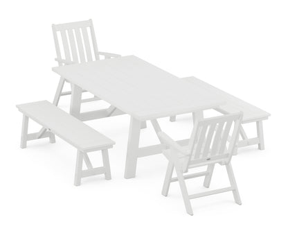 POLYWOOD® Vineyard Folding Chair 5-Piece Rustic Farmhouse Dining Set With Benches in White