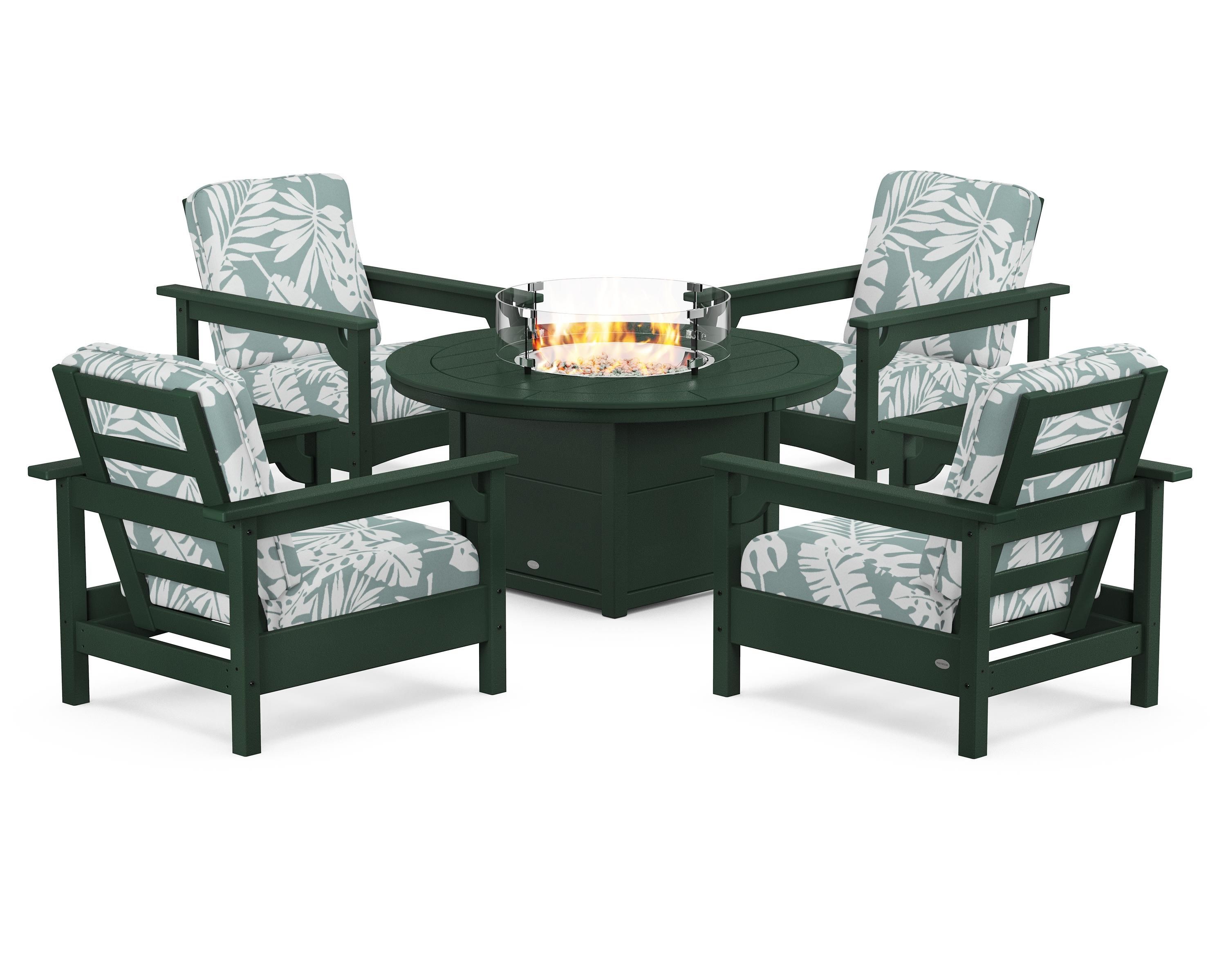 POLYWOOD® Club 5-Piece Conversation Set with Fire Pit Table in Green / Leaf Glacier Spa