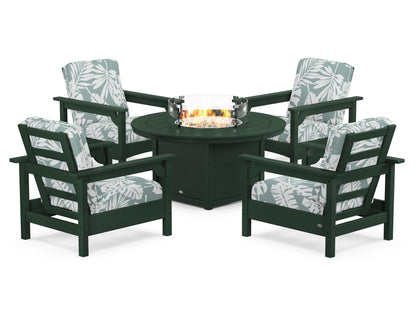 POLYWOOD® Club 5-Piece Conversation Set with Fire Pit Table in Green / Leaf Glacier Spa
